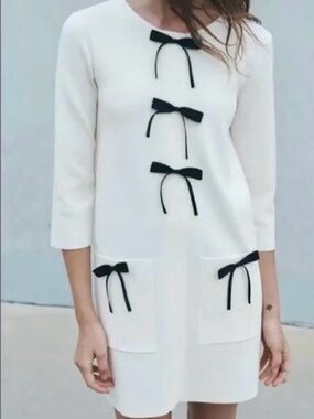 NWT Zara Cream Knit Mini Dress with Black Bow Details